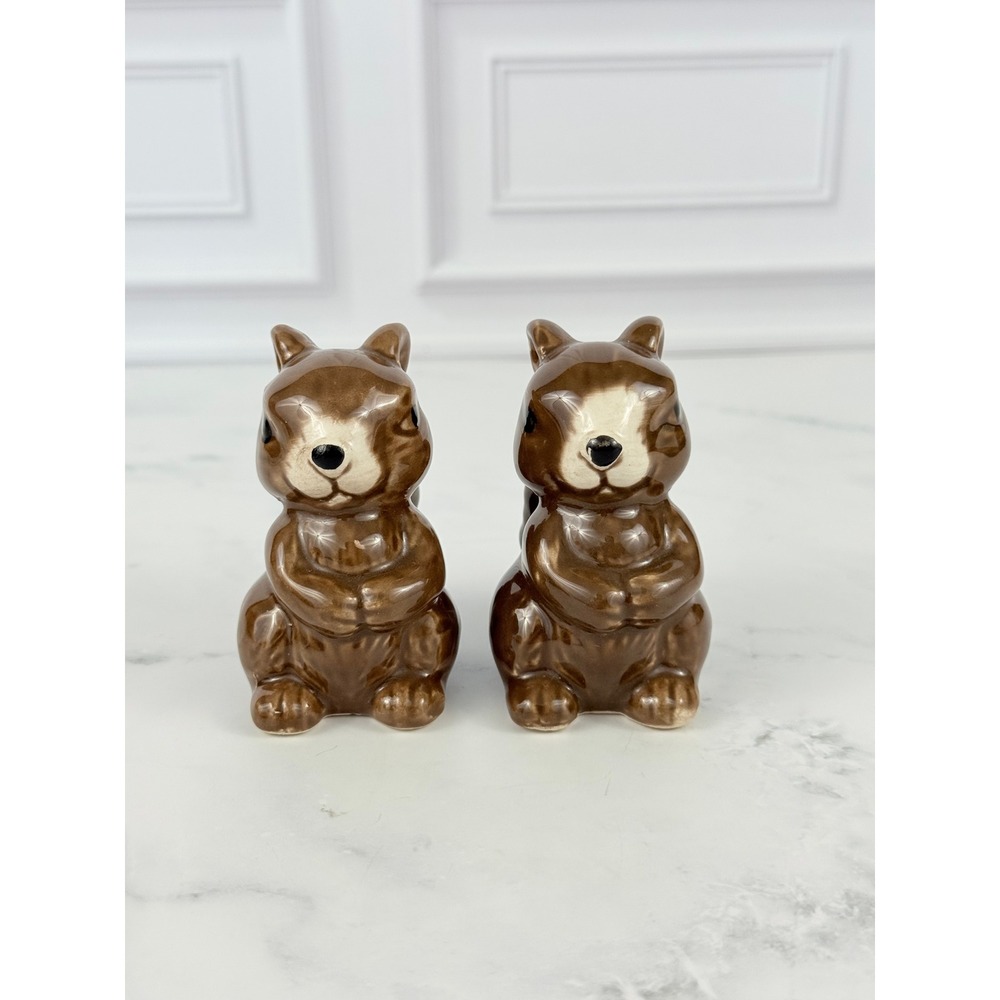 VTG Set of Squirrel Chipmunk Ceramic 3" Salt Pepper Shakers with Stoppers